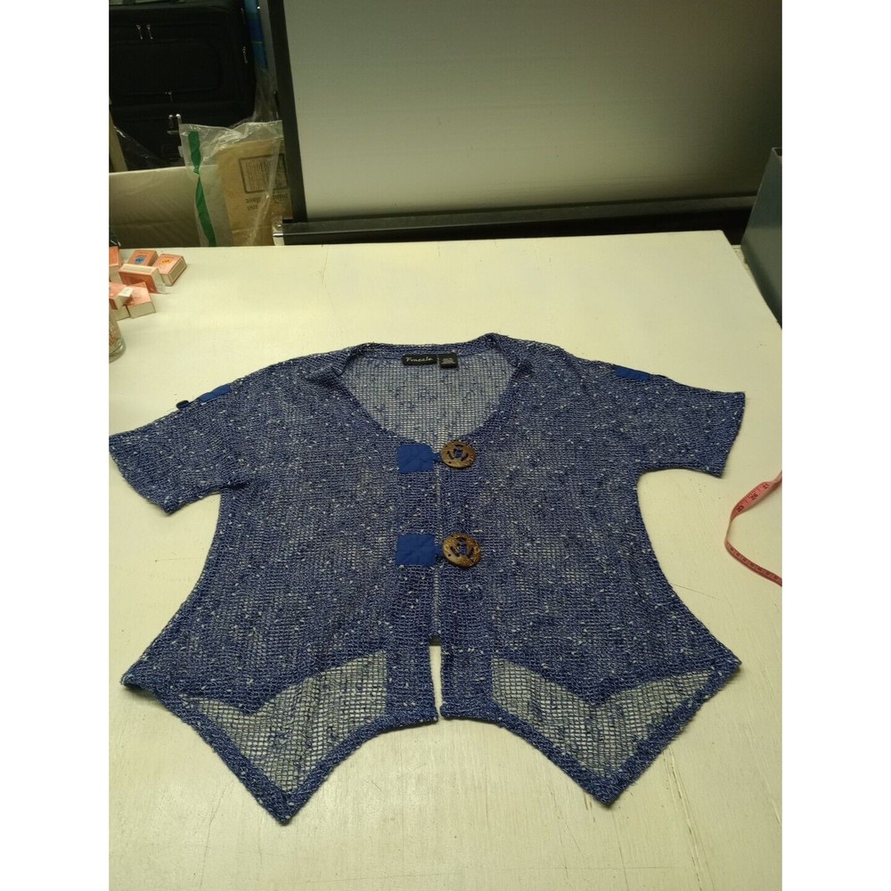 Frazzle Women's Short Sleeve Shirt Size XL Open Knit 2 Button Front Blue
